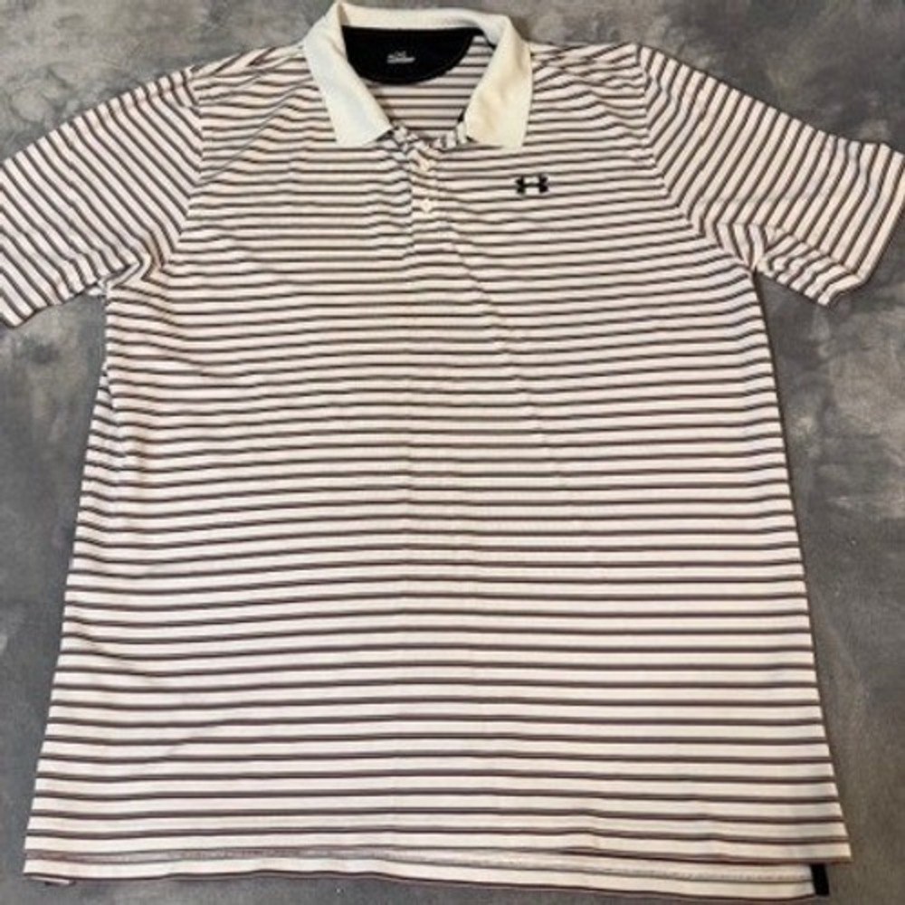Under Armour Mens Size XXL Striped Polo Shirt White Black HeatGear Short Sleeve‎